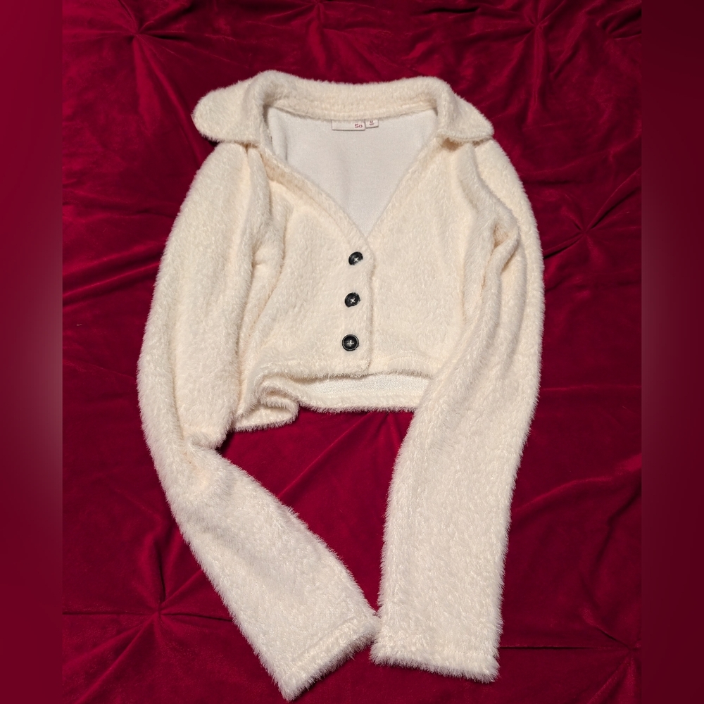 SO Cream Fuzzy Button-Up Cropped Jacket